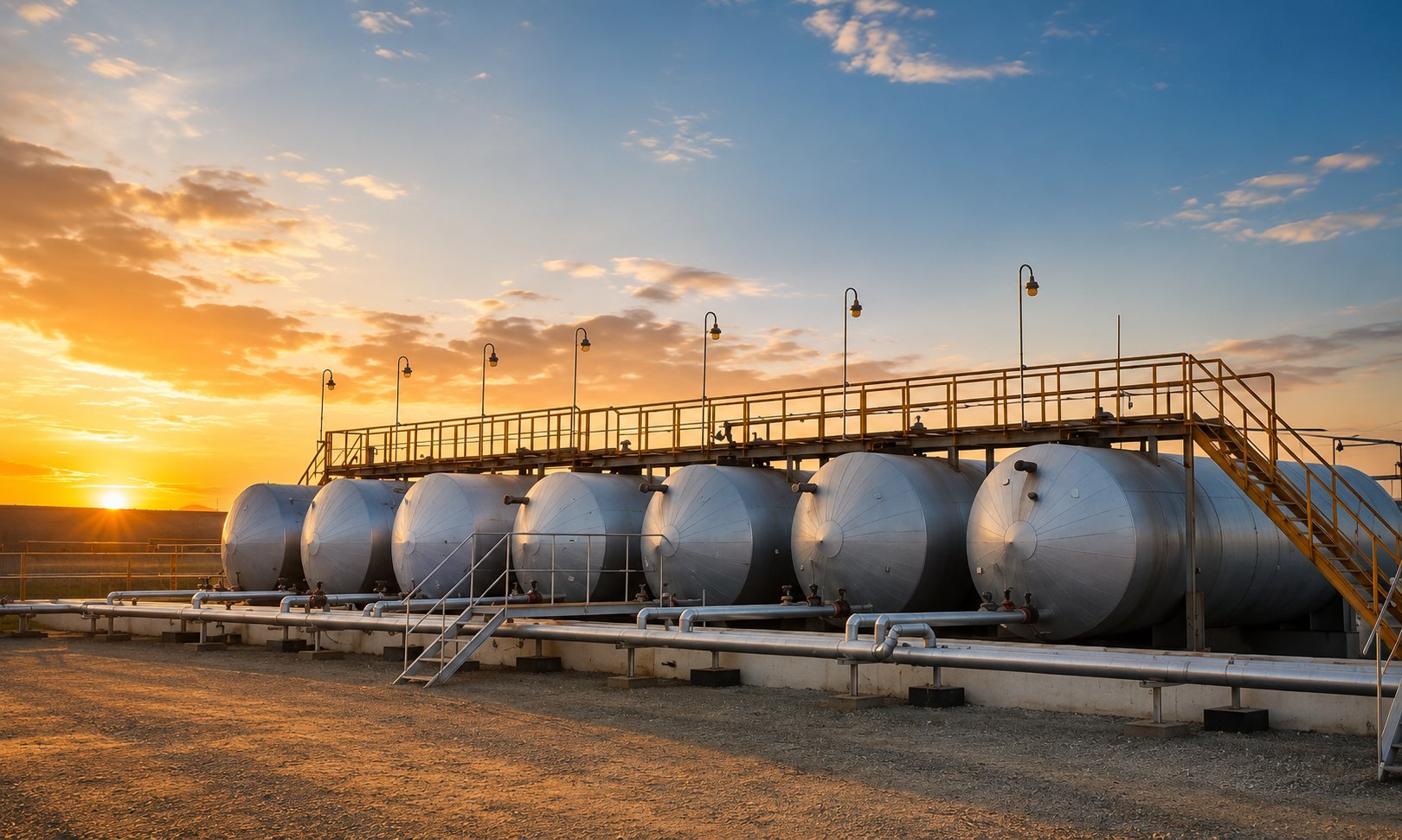 Резервуарный парк Aspara Munay на закате — резервуары хранения нефтепродуктов